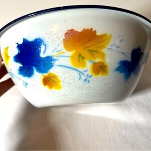 Vintage BUMPER HARVEST Floral Enamel Bowl with Blue and Yellow Design